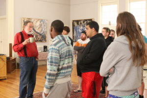 Student visitors at Seilers' Studio and Gallery in the artist colony discussing art and the implications of working with Asphalt and Alkyds as a contemporary fine art medium with Michael Seiler.