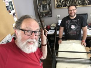 Michael Seiler and Lee Casey with newly delivered etching press at Seilers' Studio.